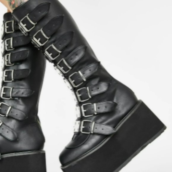 Demonia Shoes - Dolls Kill Demonia Damned Destiny Matte Black Leather Buckle Platform Boots 6